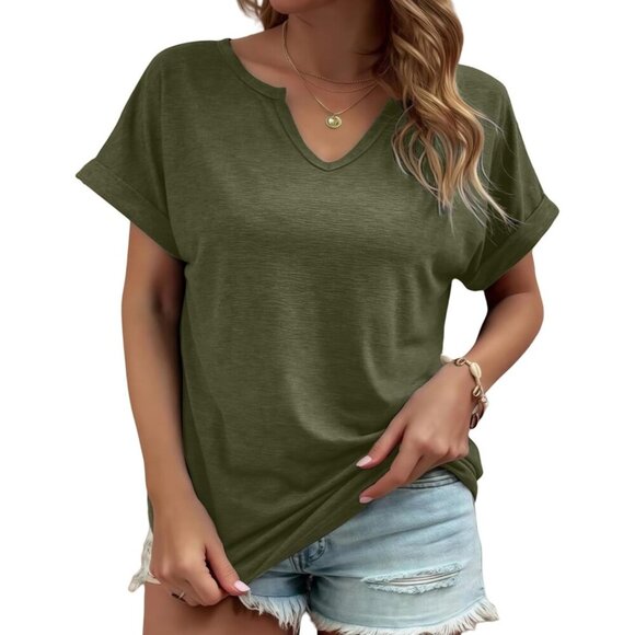 Womens Cotton Blend V Neck T Shirt Loose Fit Short Sleeve Casual Top - Picture 3 of 5
